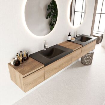 Mondiaz Bukla 240cm badmeubel met module 40 rechts Washed Oak met 4 lades wastafel Cloud dubbel 2 kraangaten Urban