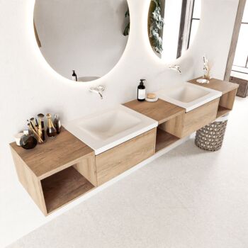 Mondiaz Bukla 240cm badmeubel met open module 40 L+M+R Washed Oak met 2 lades wastafel Cloud dubbel 0 kraangaten Talc