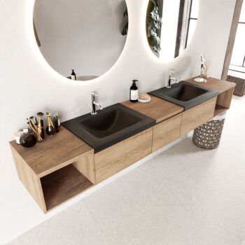 Mondiaz Bukla 240cm badmeubel met open module 40 L+R Washed Oak met 3 lades wastafel Cloud dubbel 2 kraangaten Urban