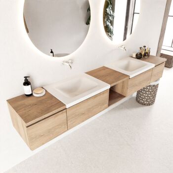 Mondiaz Bukla 240cm badmeubel met open module 40 midden Washed Oak met 4 lades wastafel Cloud dubbel 0 kraangaten Talc