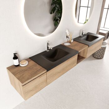 Mondiaz Bukla 240cm badmeubel met open module 40 rechts Washed Oak met 3 lades wastafel Cloud dubbel 2 kraangaten Urban