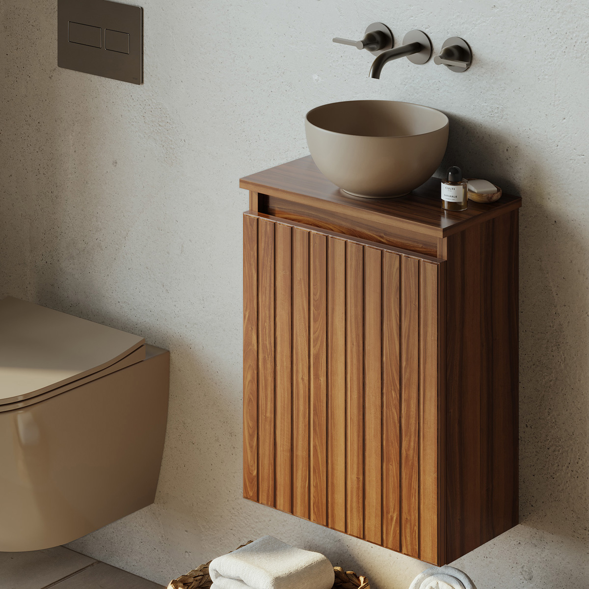 Fontana Bano toiletmeubel ribbelfront walnoot 40x22cm met waskom in taupe