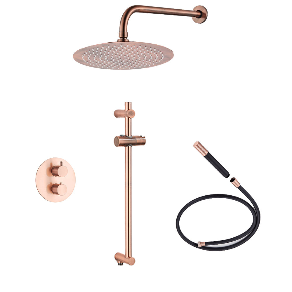 Saniclear Copper Pro inbouw regendouche 20cm rond met wandarm en glijstang geborsteld koper